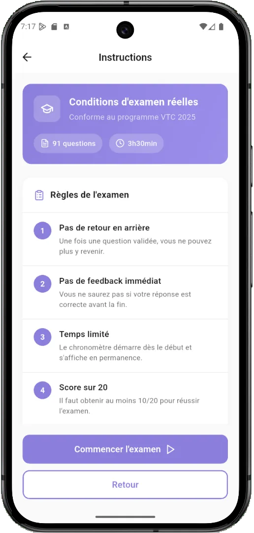 VTC Facile - Instructions examen blanc VTC avec chronomètre officiel 3h50