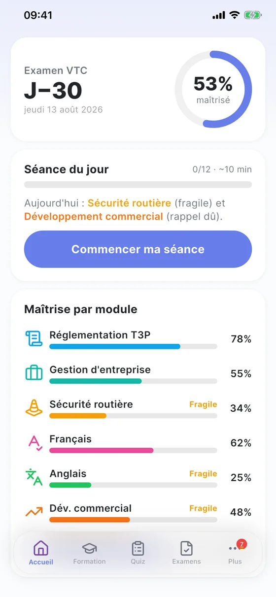 VTC Facile - Plan de préparation avec compte à rebours J-30, séance du jour et maîtrise par module